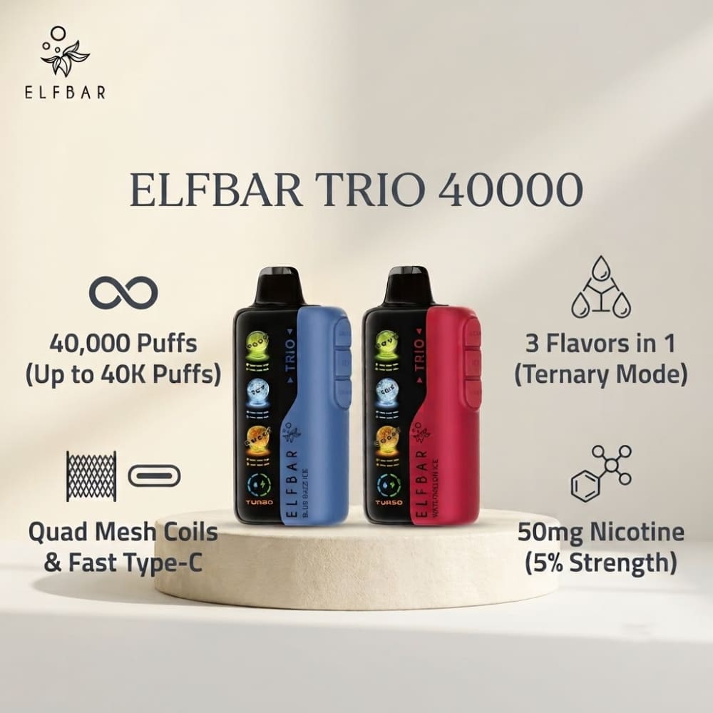 ELFBAR TRIO سحبة سيجارة الفبار 40000 شفطة 50 نيكوتين عدة