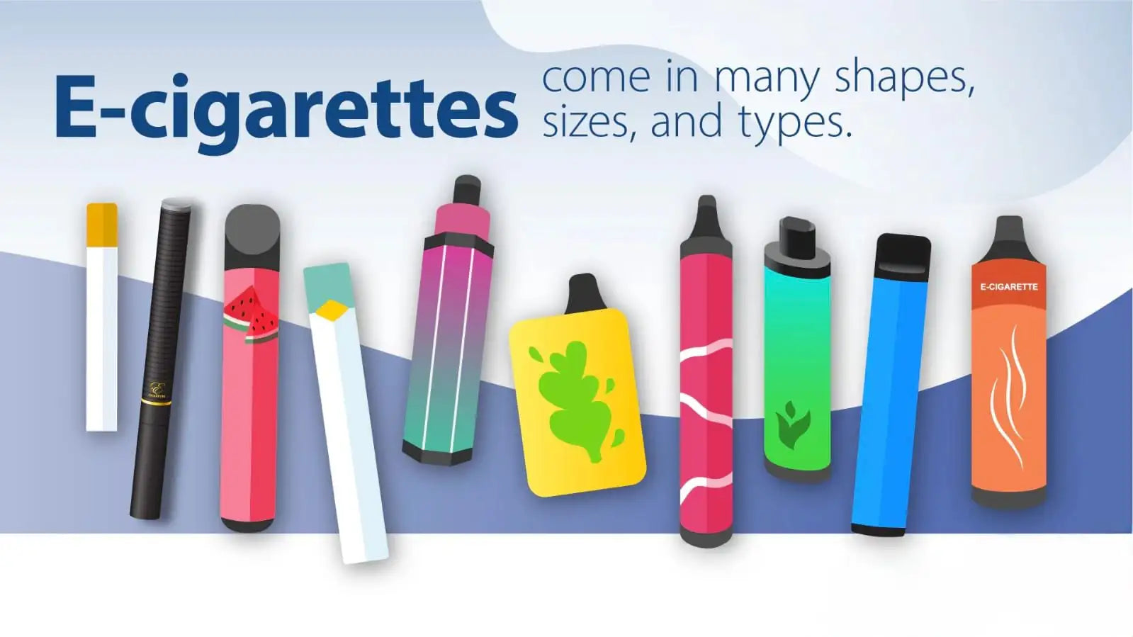 مجموعة متنوعة الألوان من السجائر الإلكترونية بأشكال وتصاميم مختلفة، بما في ذلك واحدة مستطيلة خضراء تشبه قلم تلوين.