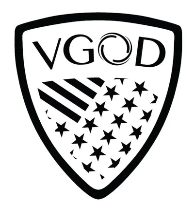 شعار أسود وأبيض على شكل درع يحتوي على النص ’vgod’ أعلى تصميم علم أمريكي معدل مع النجوم والخطوط.