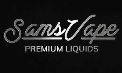 شعار 'samsvape' معدني فضي مع النص 'premium liquids' تحته.